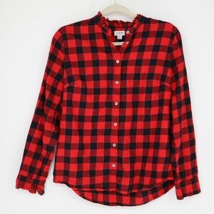 J. Crew Factory Buffalo Plaid Flannel Button Down Shirt Ruffle Metallic Small‎